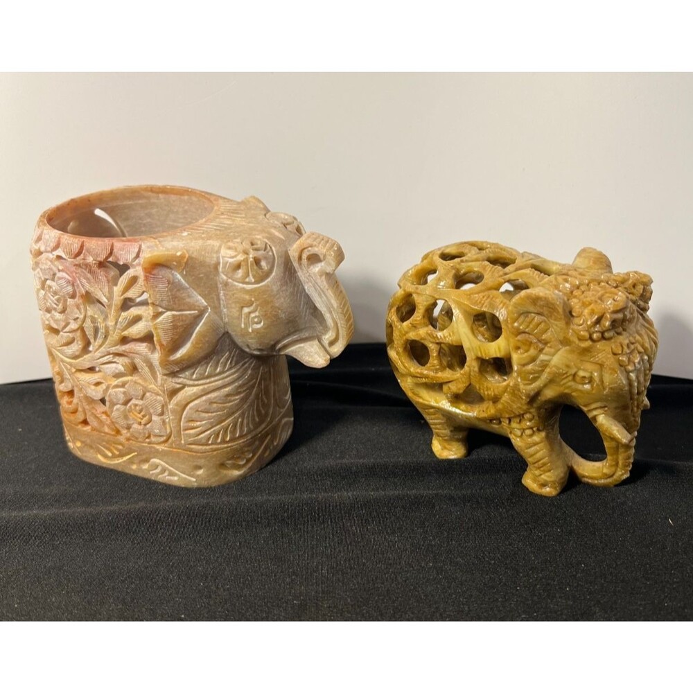 Lot of 2 Carved Soapstone Elephant Figurines-One Votive and One w/ Baby Inside